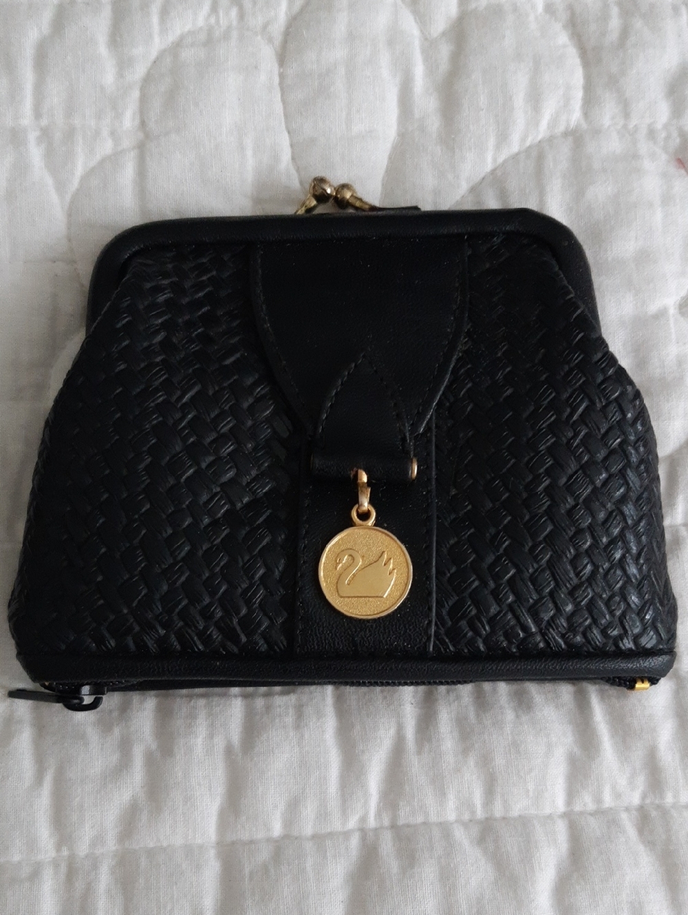 Gloria Vanderbilt Black Woven Coin Purse with Gold Medallion Charm